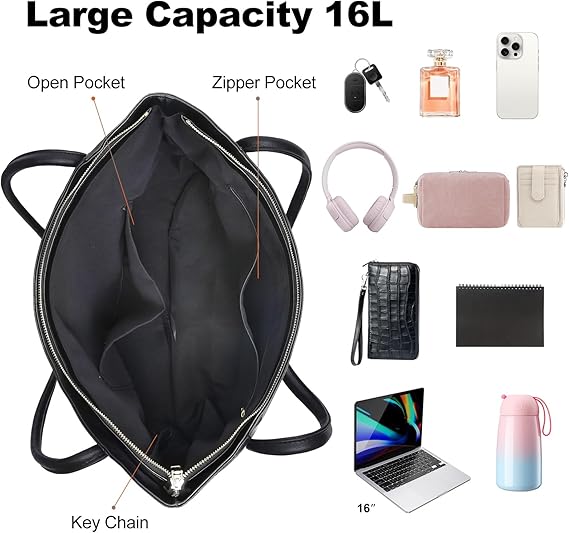 Large Tote Bag for Women Work with Zipper 16L Vegan Leather Ladies Travel Purses and Handbags