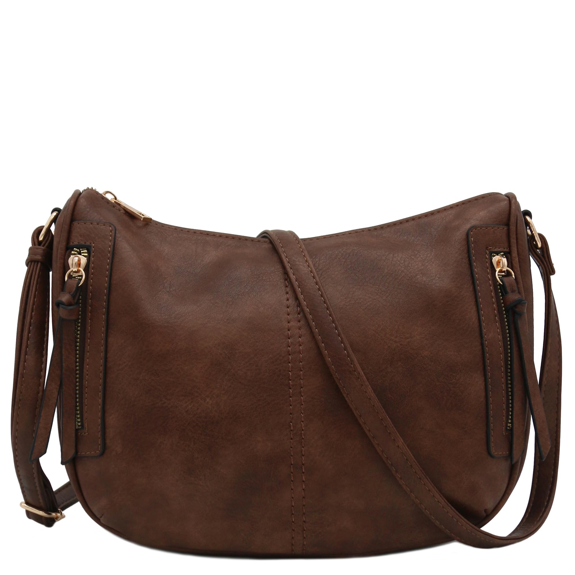Faux Leather Two Front Zipper Pocket Crossbody Saddle Bag
