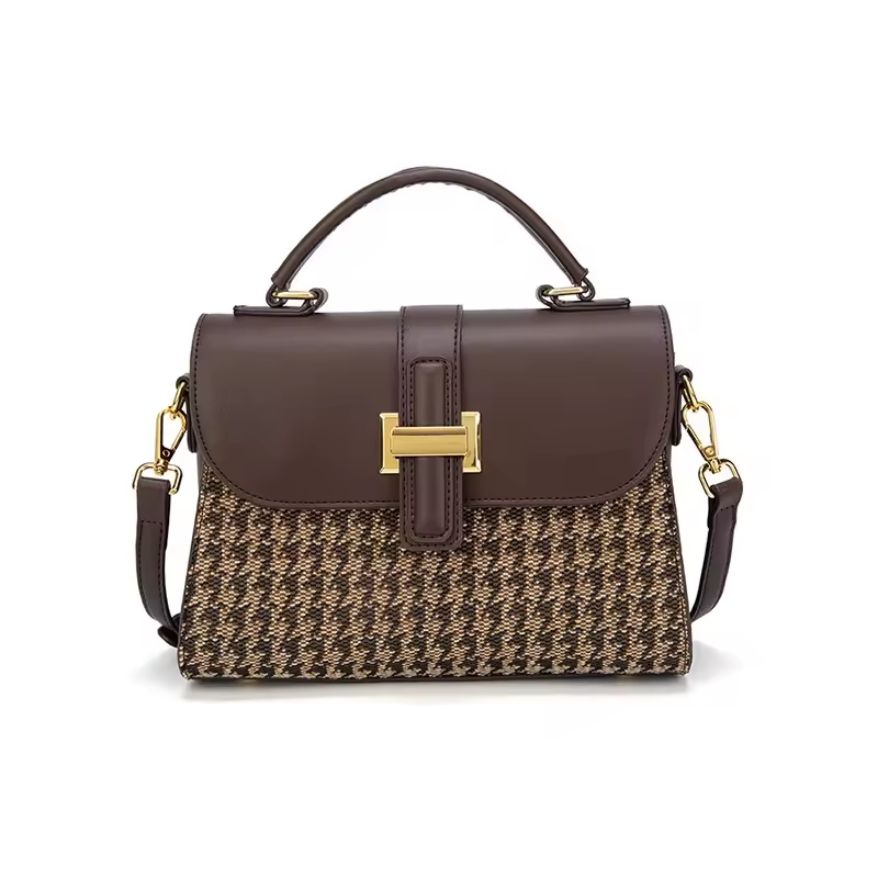 Hot Item Women's Large-Capacity Houndstooth Handbag New Square Horizontal Coffee-Color with Shoulder Chain