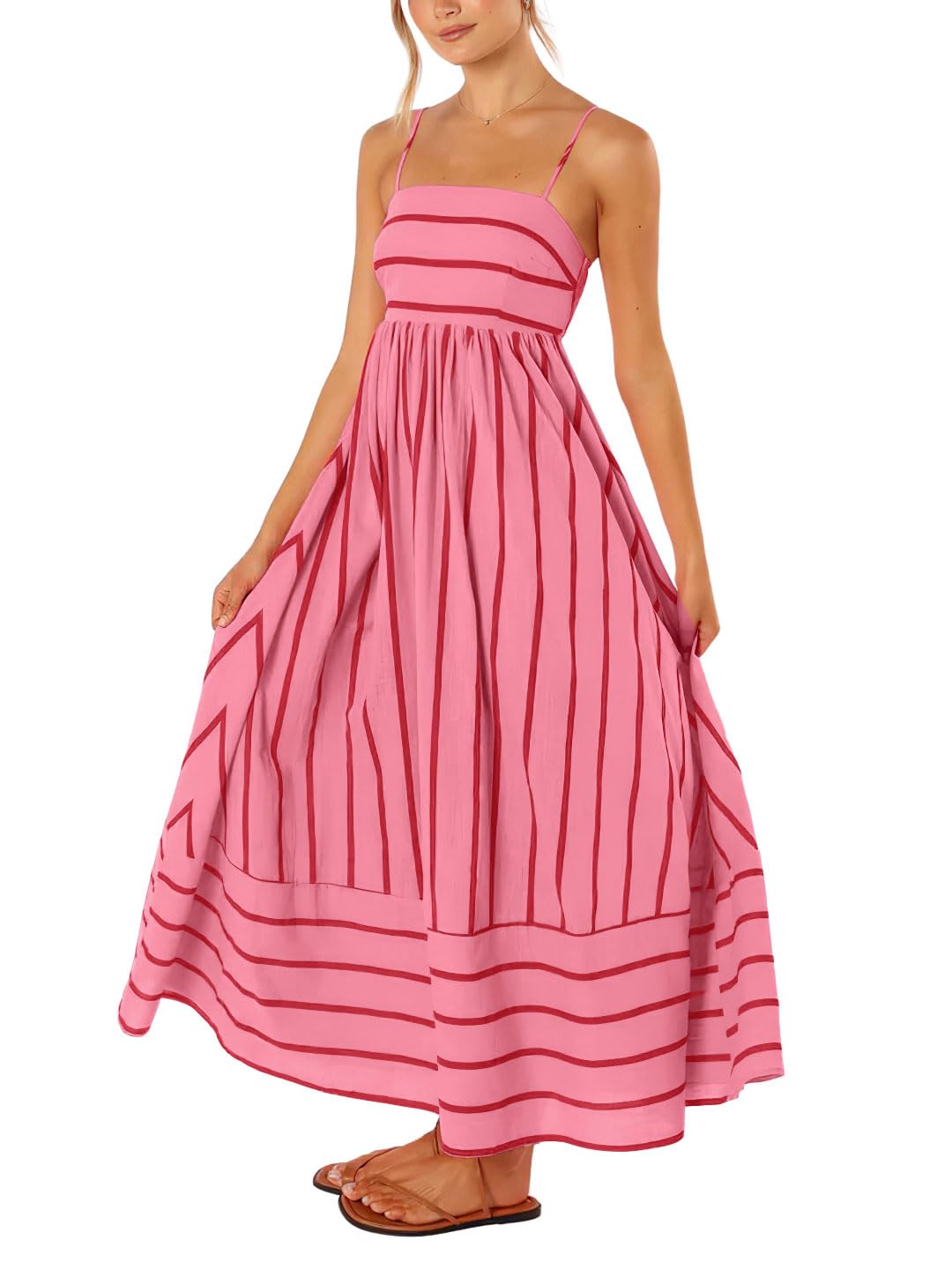 Women's Striped Back Smocked Maxi Dress Sexy Spaghetti Strap Cut Out Flowy Swing Long Dress