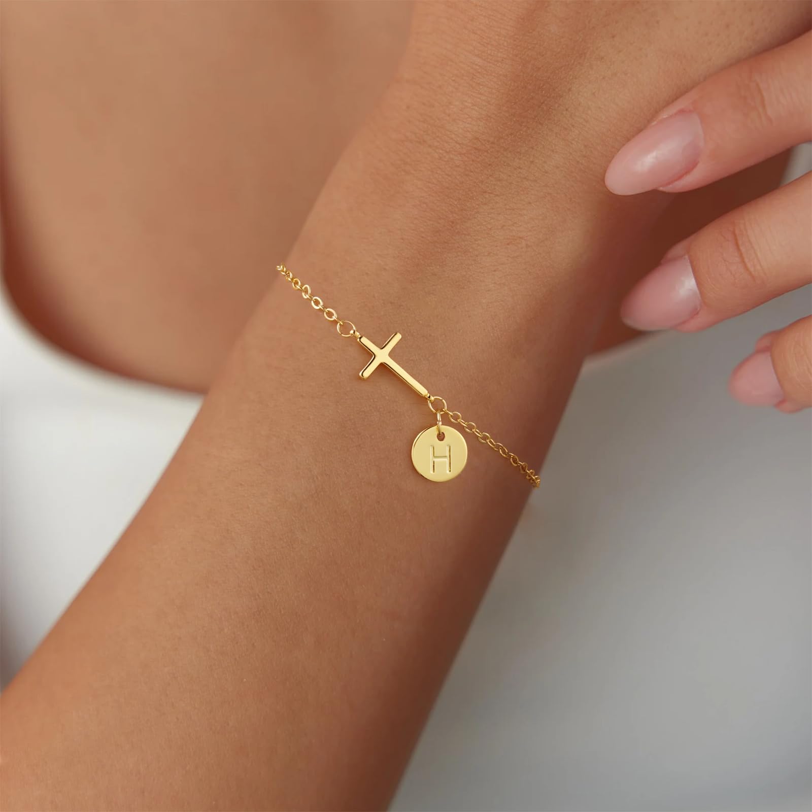 Bracelets for Women Plated Cross Initial Charm Bracelet Dainty Cute Trendy Custom Letter Bracelets Waterproof Non Tarnish Simple Fashion Jewelry Gifts
