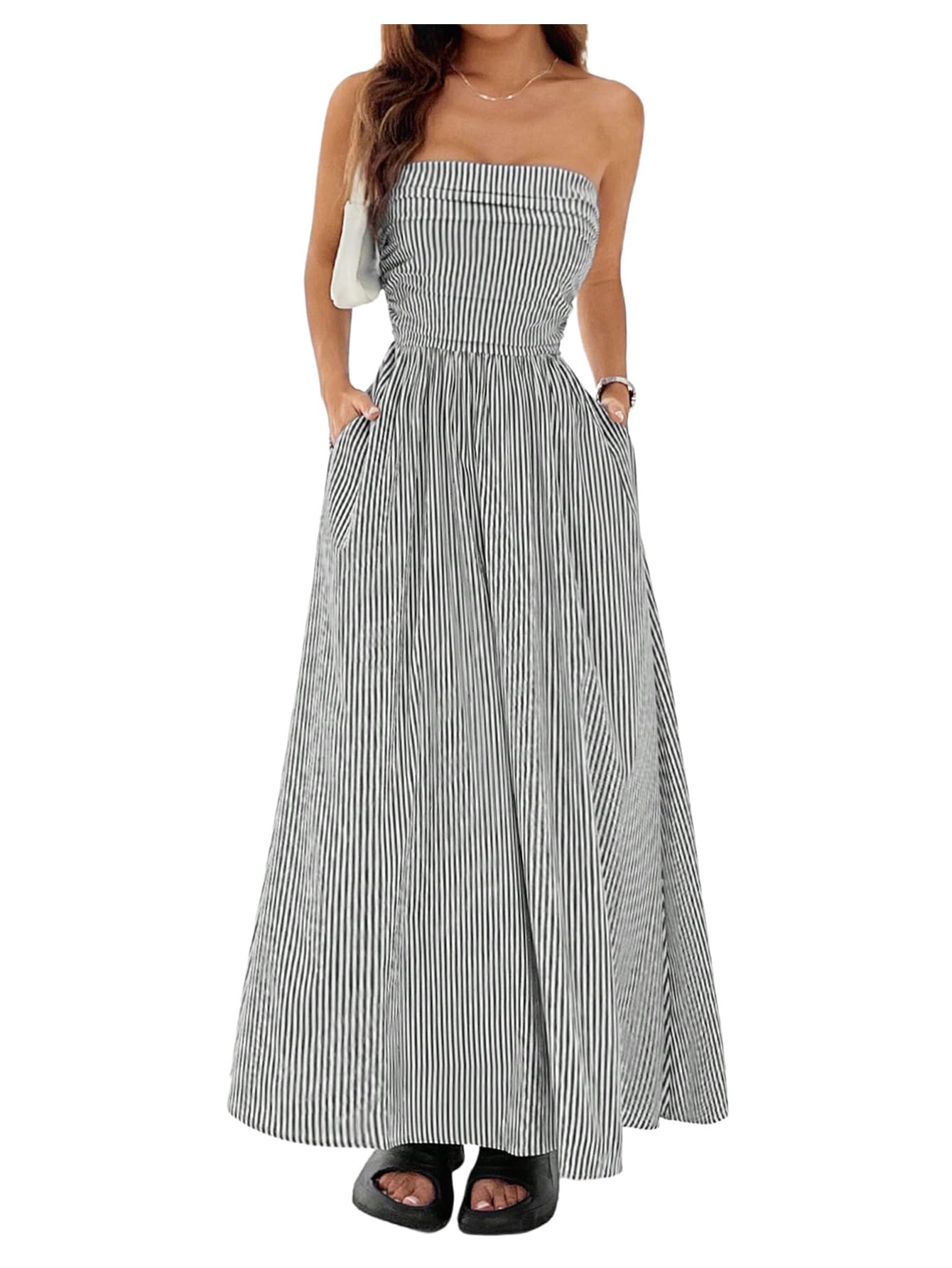 Women's Striped Strapless Maxi Dress Summer Flared Tube Top Long Dresses with Pocket